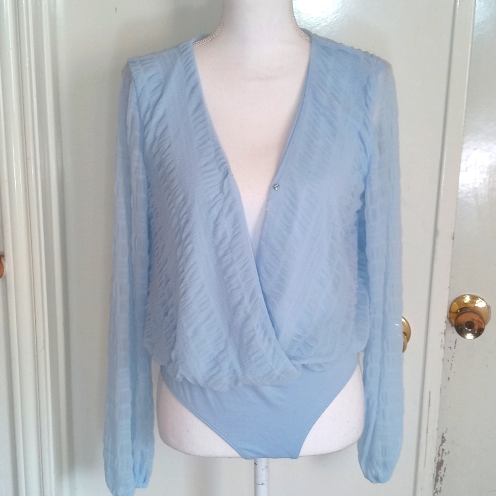 Long Sleeve Deep V Neck Bodysuit w/ Bishop Sleeves Womens